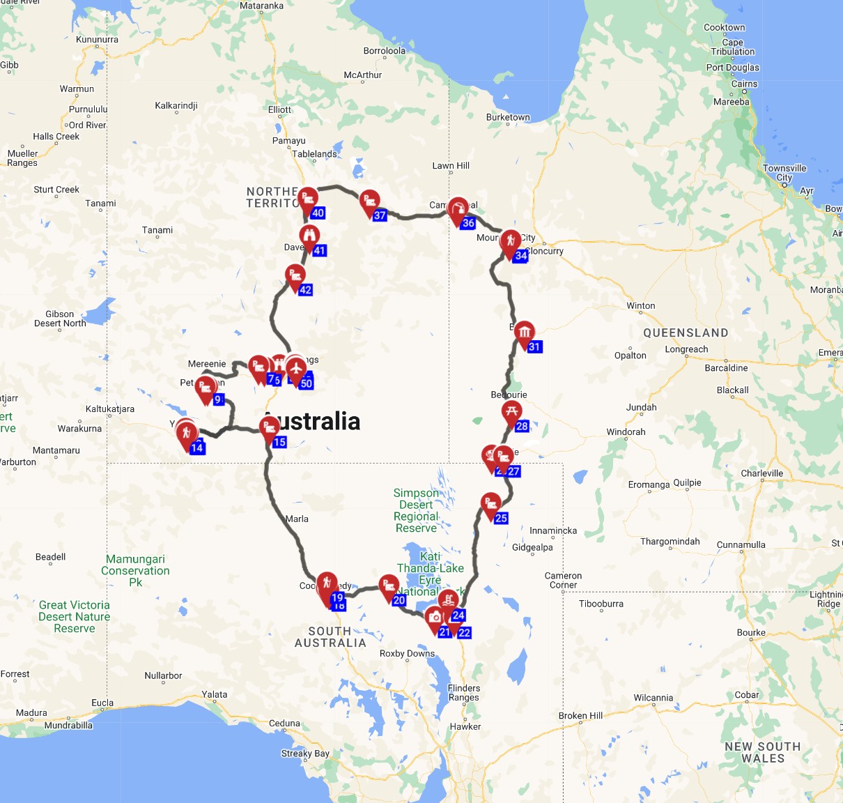 Map for Alice Springs Round trip - The Heart of Australia Route